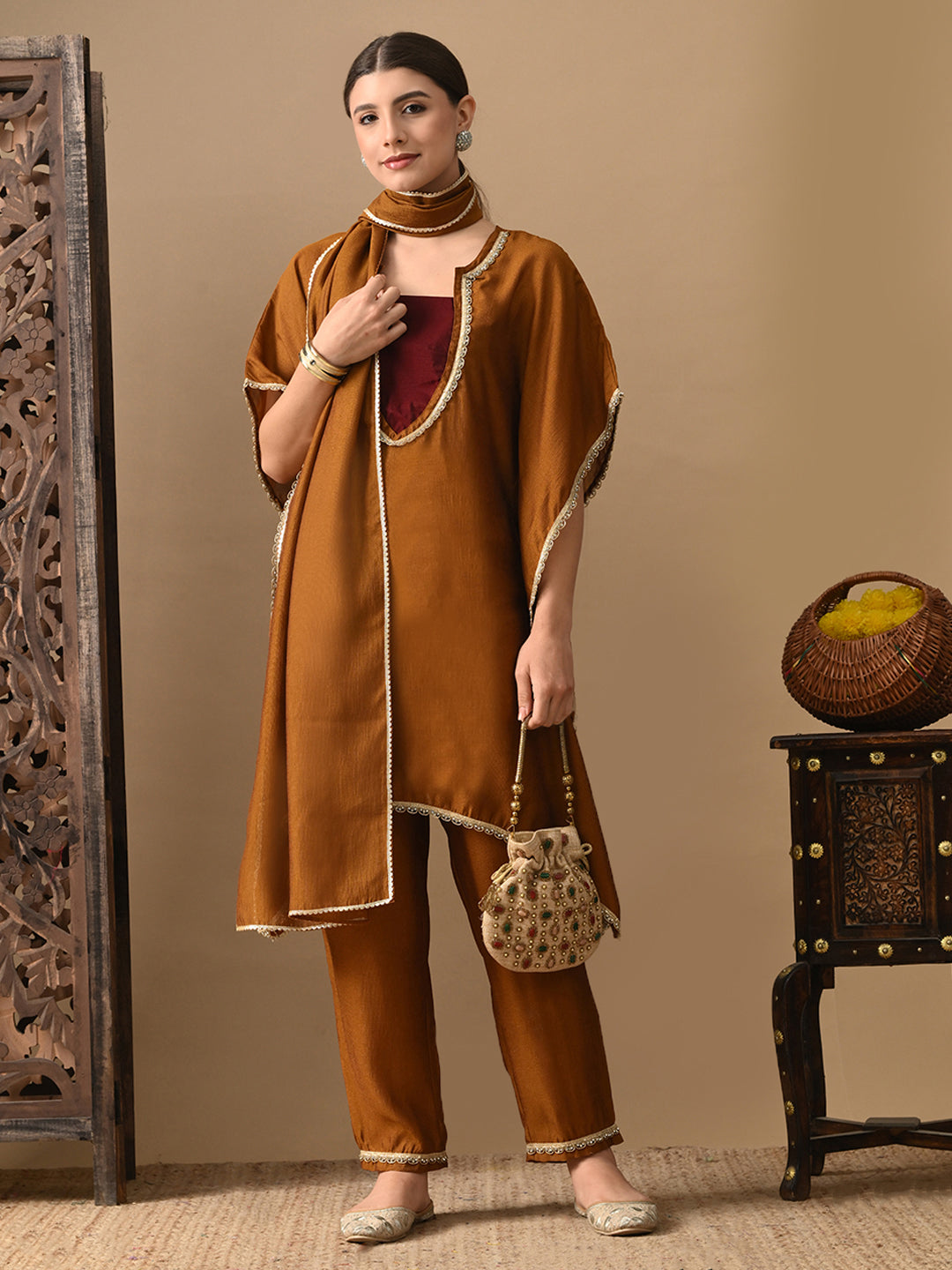 Myshka Mustard Silk Blend Kaftan Sweetheart Neck Short Sleeves Kurta Trousers With Dupatta | Grocsy
