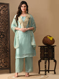 Myshka blue Silk Blend Straight Round Neck Short Sleeves Kurta Trousers With Dupatta | Grocsy