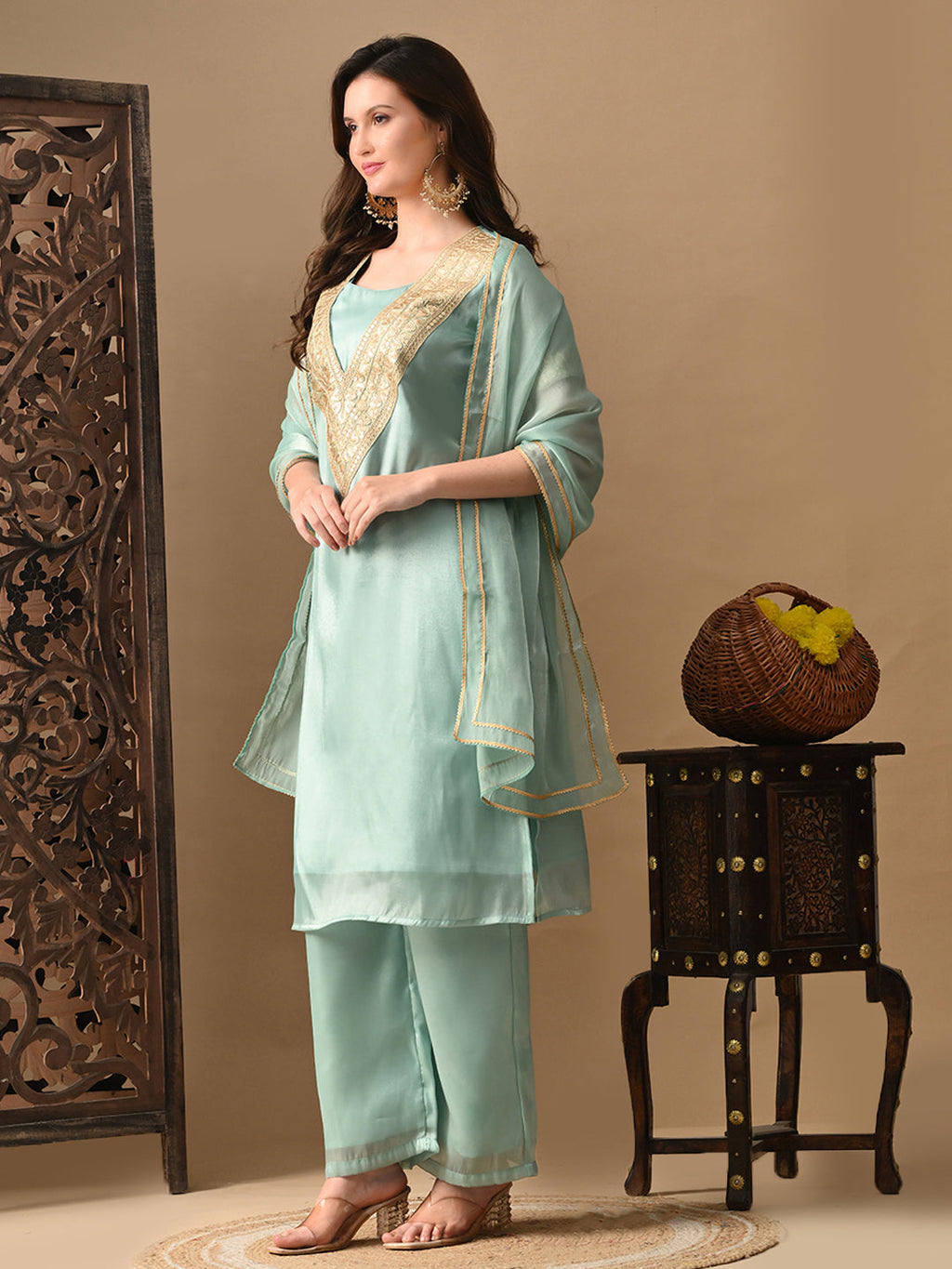 Myshka blue Silk Blend Straight Round Neck Short Sleeves Kurta Trousers With Dupatta | Grocsy