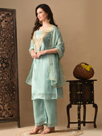 Myshka blue Silk Blend Straight Round Neck Short Sleeves Kurta Trousers With Dupatta | Grocsy