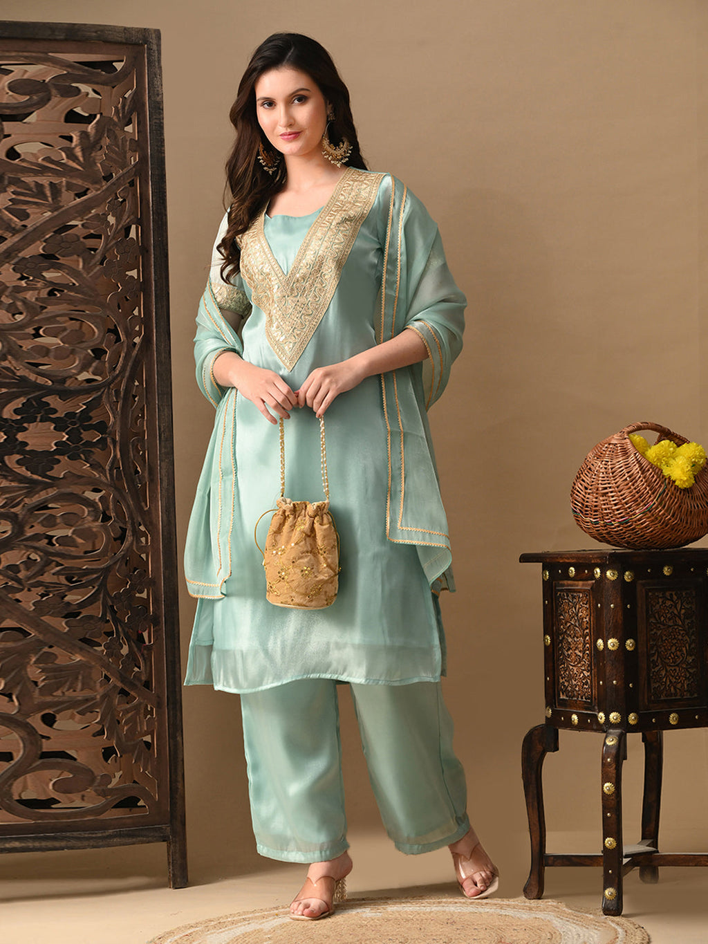 Myshka blue Silk Blend Straight Round Neck Short Sleeves Kurta Trousers With Dupatta | Grocsy