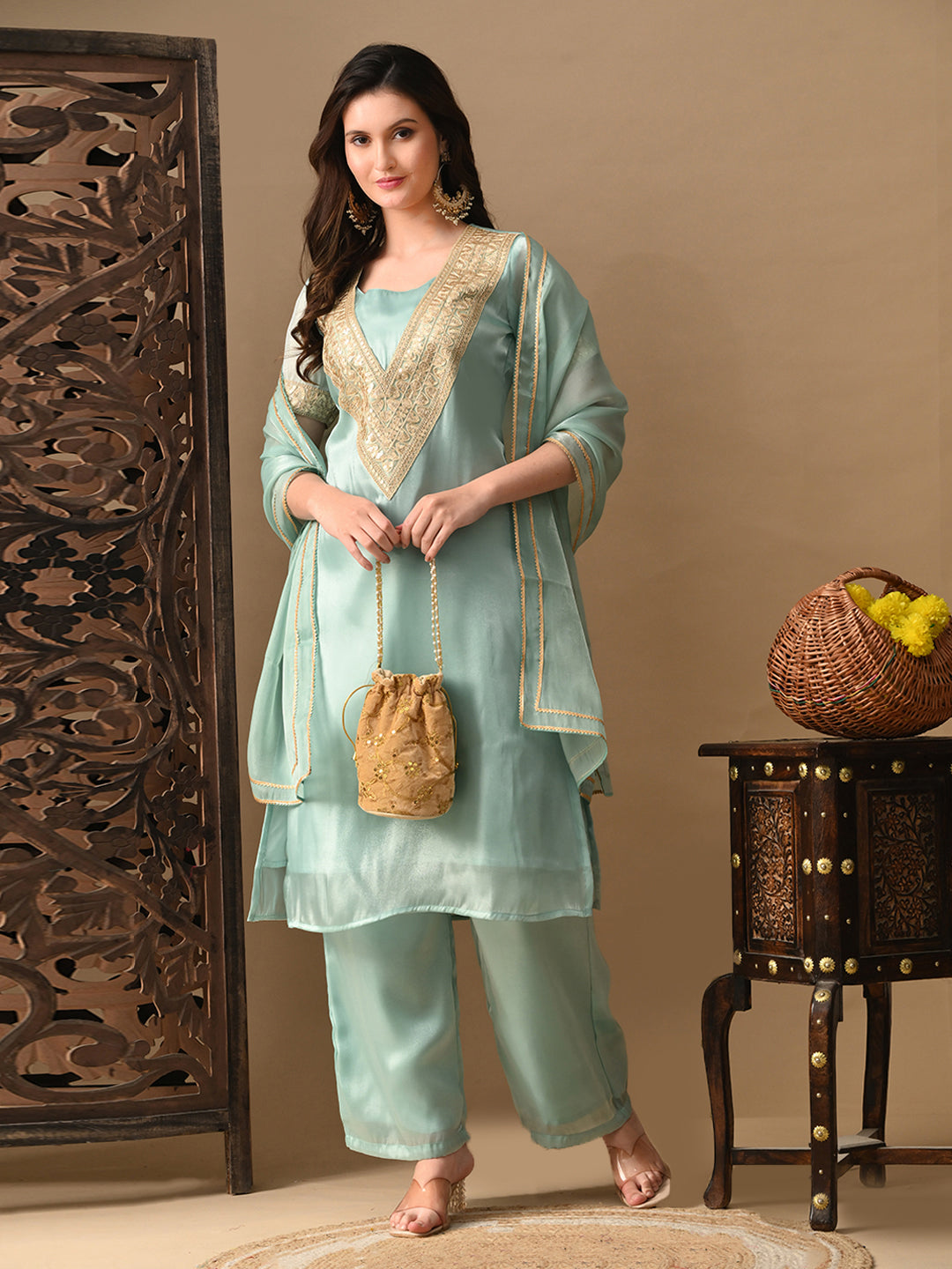 Myshka blue Silk Blend Straight Round Neck Short Sleeves Kurta Trousers With Dupatta | Grocsy