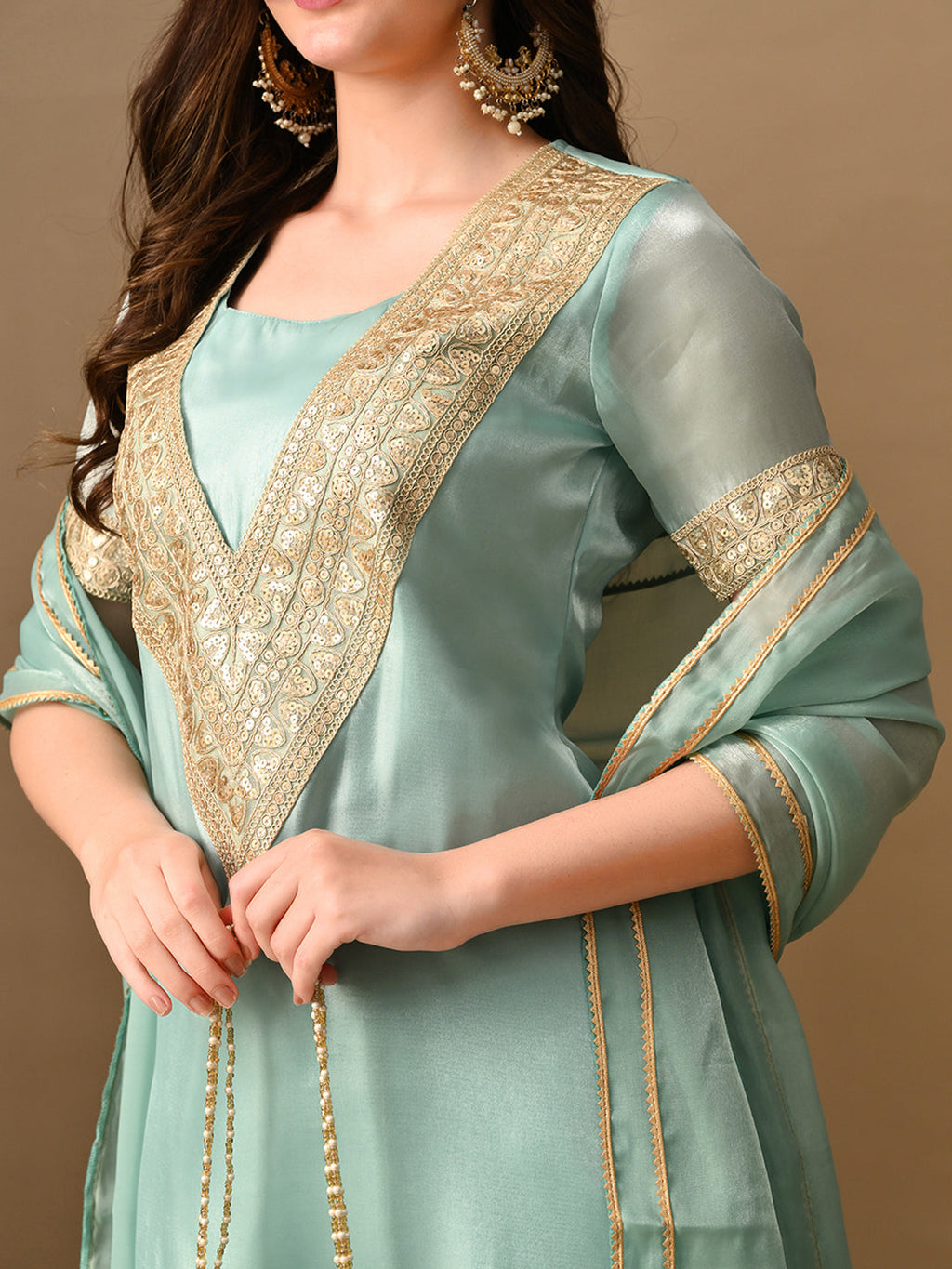 Myshka blue Silk Blend Straight Round Neck Short Sleeves Kurta Trousers With Dupatta | Grocsy