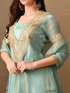 Myshka blue Silk Blend Straight Round Neck Short Sleeves Kurta Trousers With Dupatta | Grocsy