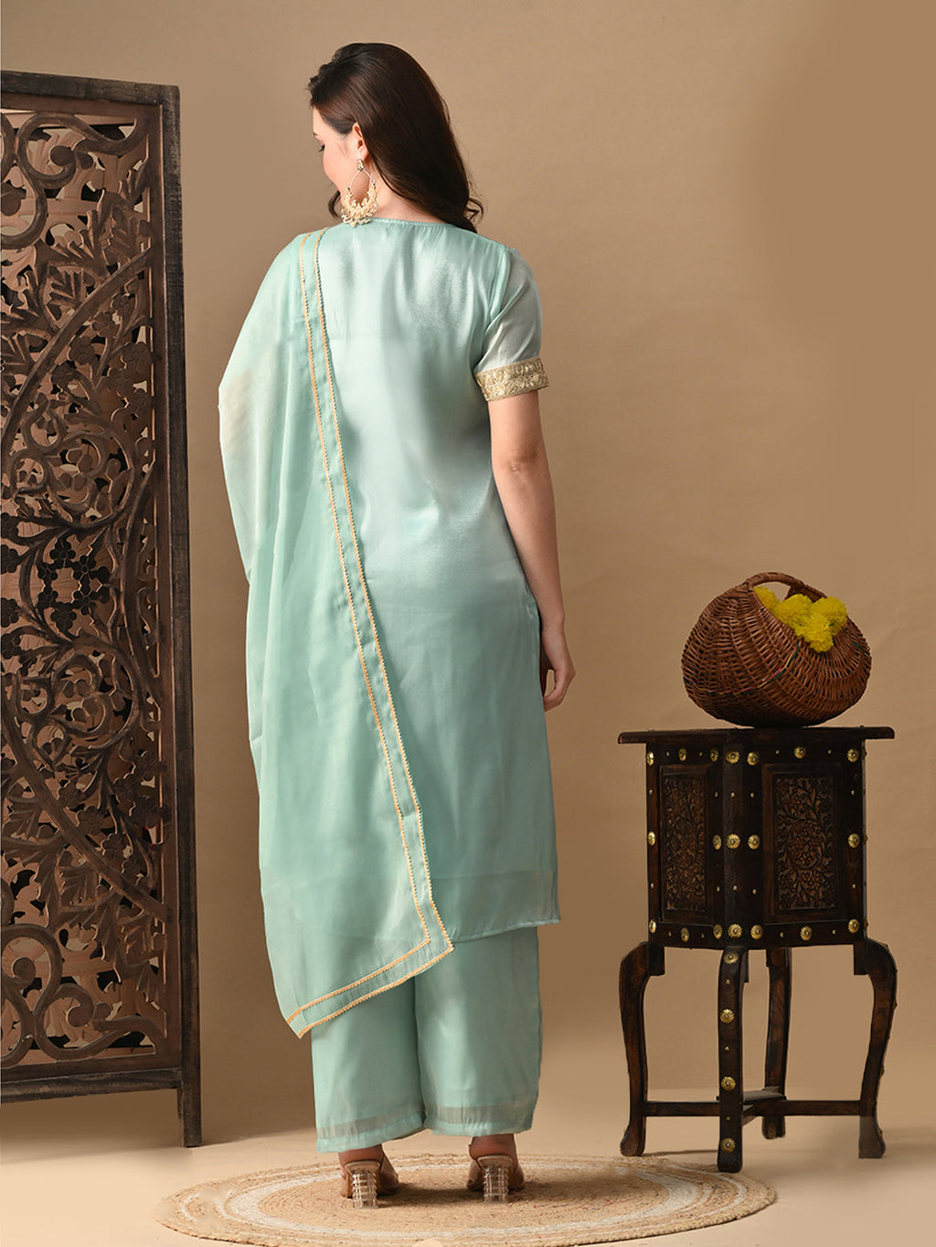Myshka blue Silk Blend Straight Round Neck Short Sleeves Kurta Trousers With Dupatta | Grocsy