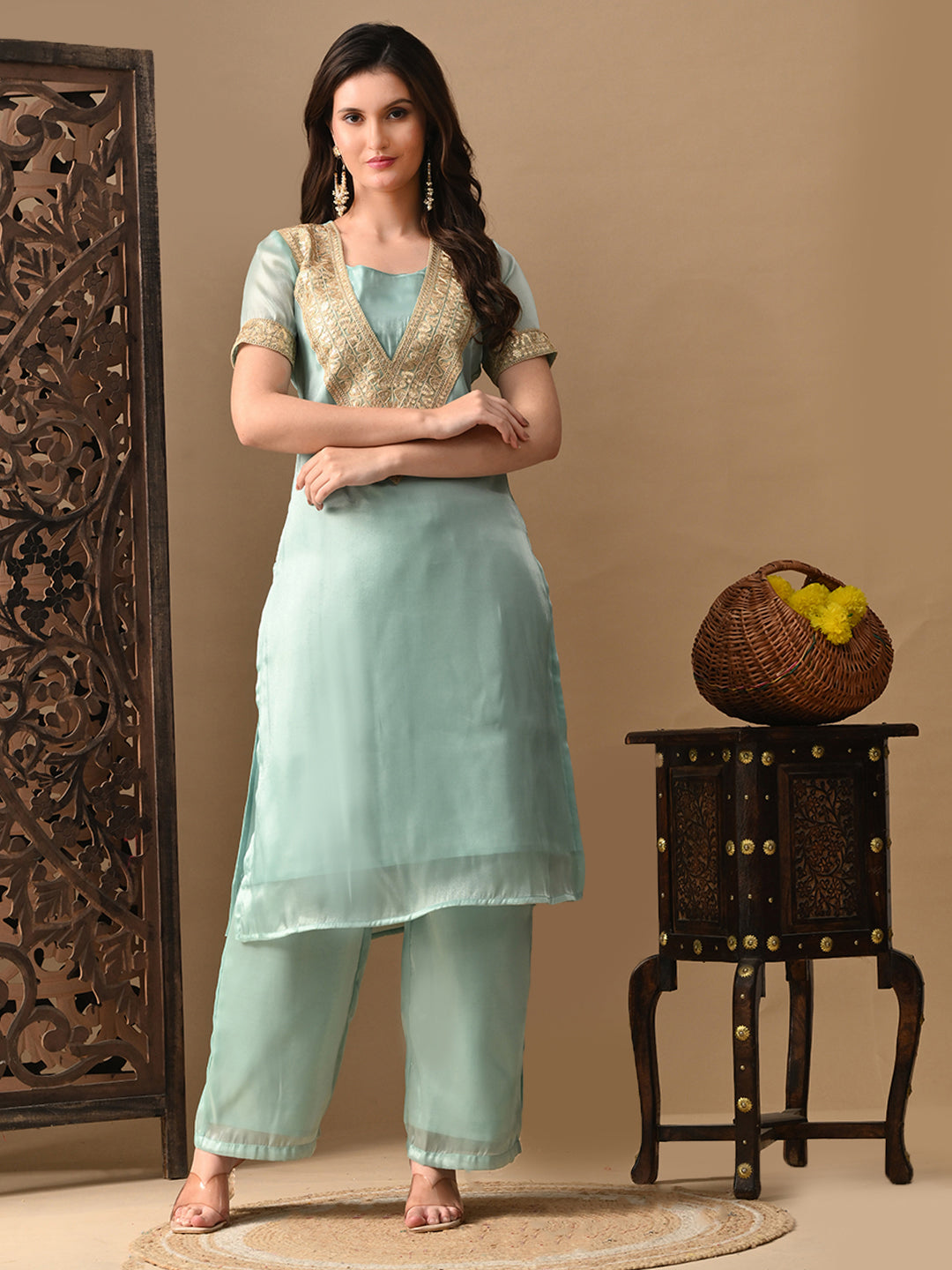 Myshka blue Silk Blend Straight Round Neck Short Sleeves Kurta Trousers With Dupatta | Grocsy
