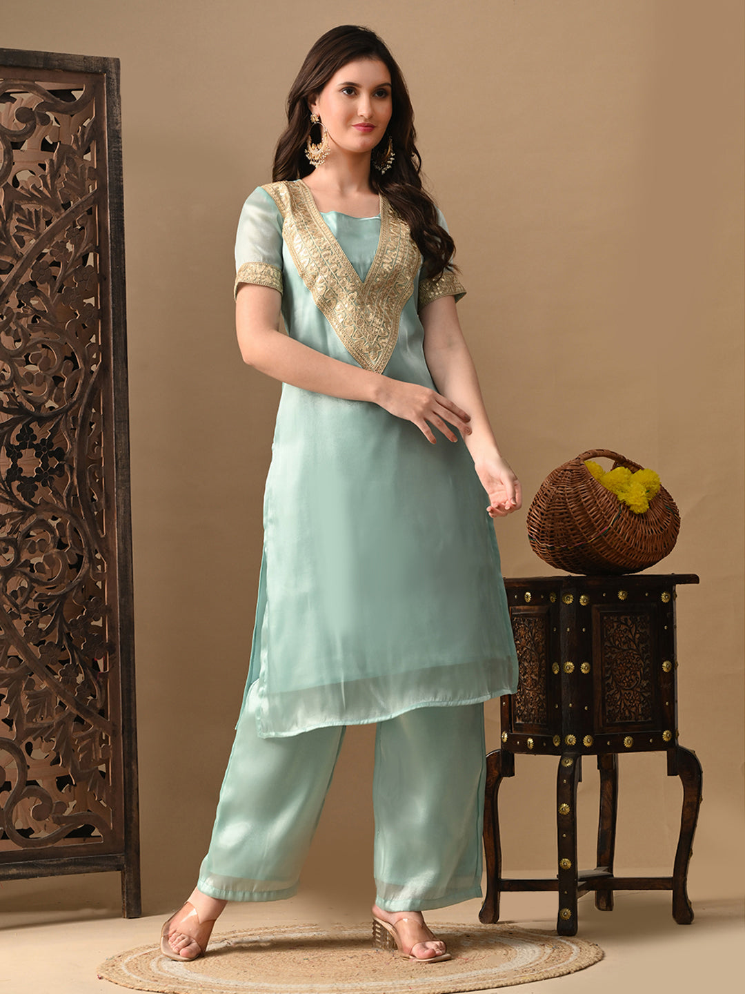 Myshka blue Silk Blend Straight Round Neck Short Sleeves Kurta Trousers With Dupatta | Grocsy