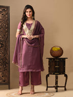 Myshka Mauve Silk Blend Straight Round Neck Short Sleeves Kurta Trousers With Dupatta | Grocsy