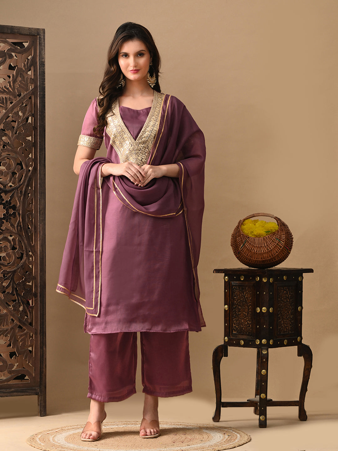 Myshka Mauve Silk Blend Straight Round Neck Short Sleeves Kurta Trousers With Dupatta | Grocsy