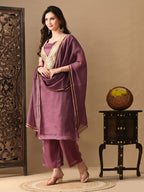 Myshka Mauve Silk Blend Straight Round Neck Short Sleeves Kurta Trousers With Dupatta | Grocsy