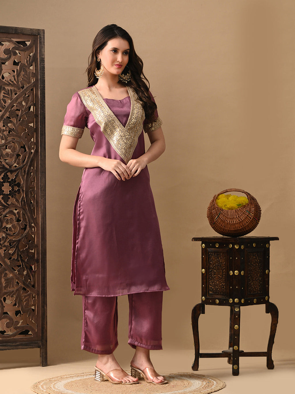 Myshka Mauve Silk Blend Straight Round Neck Short Sleeves Kurta Trousers With Dupatta | Grocsy