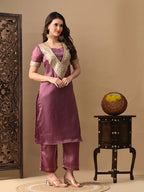 Myshka Mauve Silk Blend Straight Round Neck Short Sleeves Kurta Trousers With Dupatta | Grocsy
