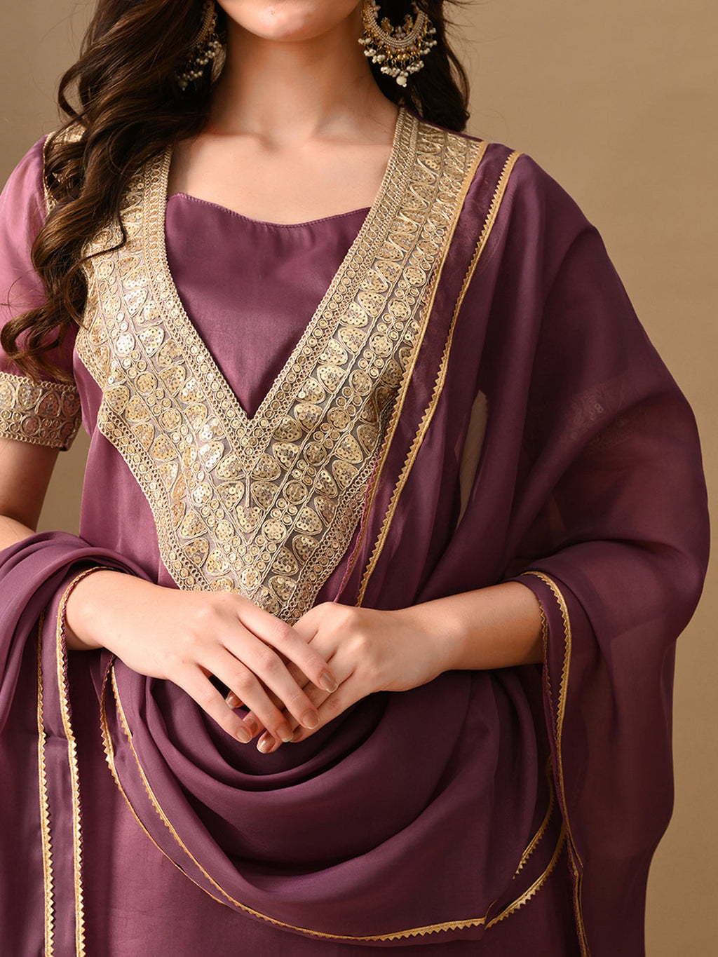 Myshka Mauve Silk Blend Straight Round Neck Short Sleeves Kurta Trousers With Dupatta | Grocsy