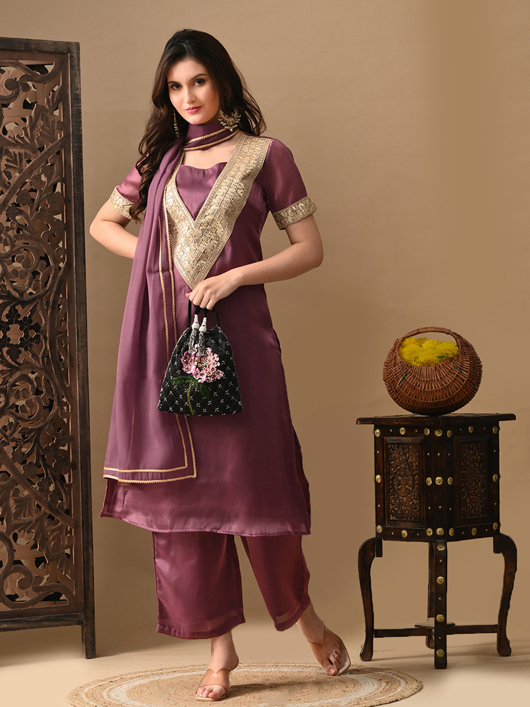Myshka Mauve Silk Blend Straight Round Neck Short Sleeves Kurta Trousers With Dupatta | Grocsy