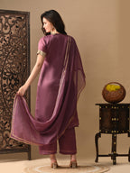Myshka Mauve Silk Blend Straight Round Neck Short Sleeves Kurta Trousers With Dupatta | Grocsy