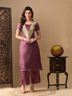 Myshka Mauve Silk Blend Straight Round Neck Short Sleeves Kurta Trousers With Dupatta | Grocsy