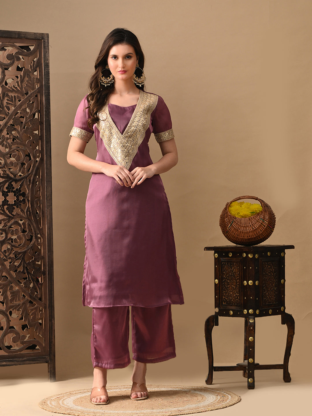 Myshka Mauve Silk Blend Straight Round Neck Short Sleeves Kurta Trousers With Dupatta | Grocsy
