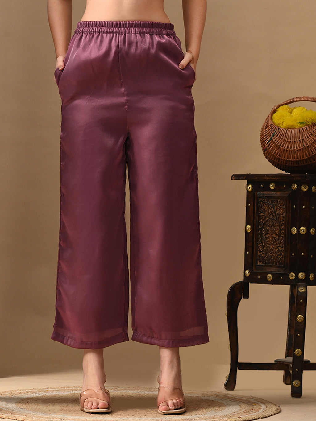 Myshka Mauve Silk Blend Straight Round Neck Short Sleeves Kurta Trousers With Dupatta | Grocsy