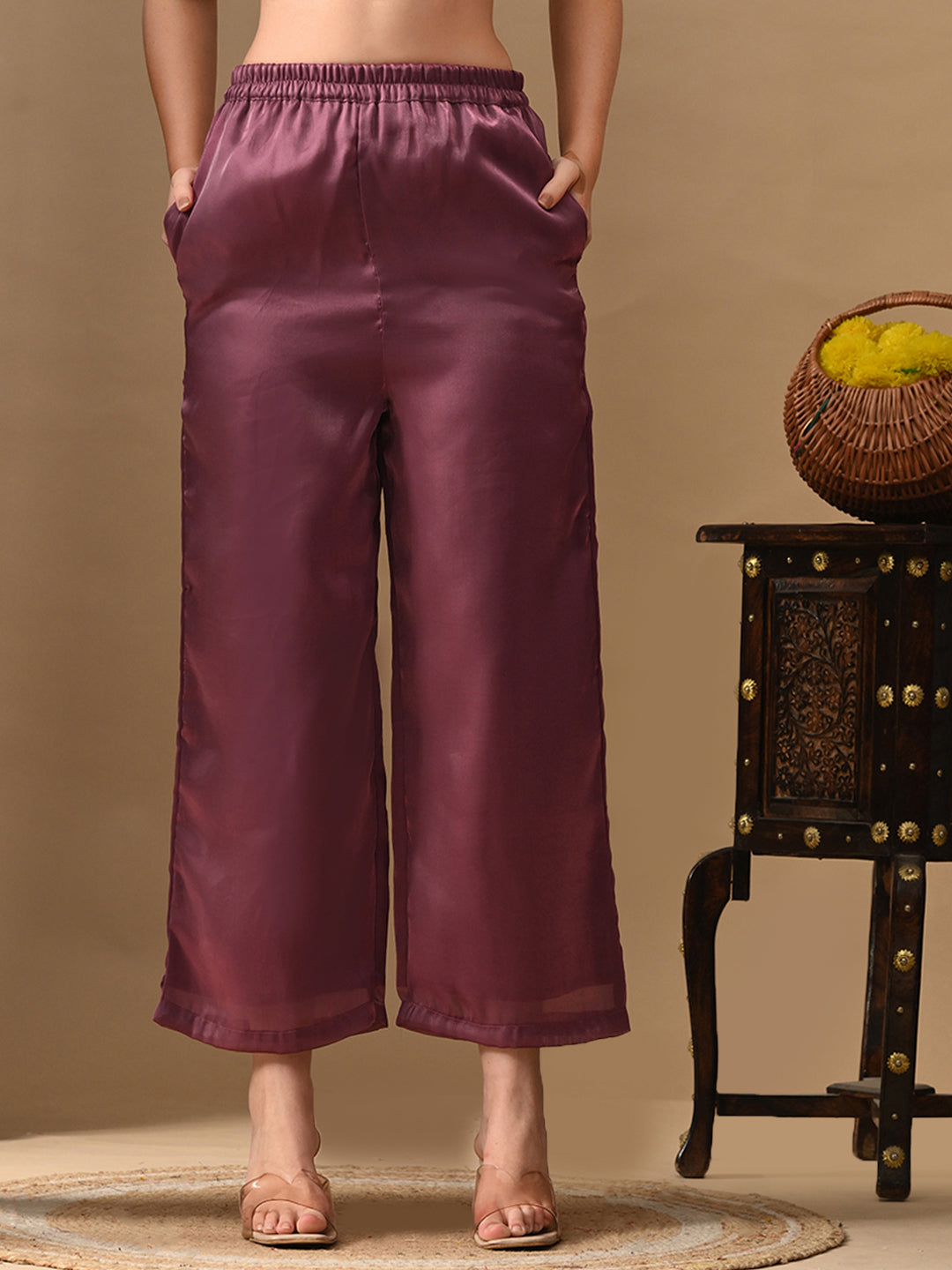 Myshka Mauve Silk Blend Straight Round Neck Short Sleeves Kurta Trousers With Dupatta | Grocsy