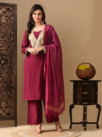 Myshka Wine Silk Blend Straight Round Neck Long Sleeves Kurta Trousers With Dupatta | Grocsy