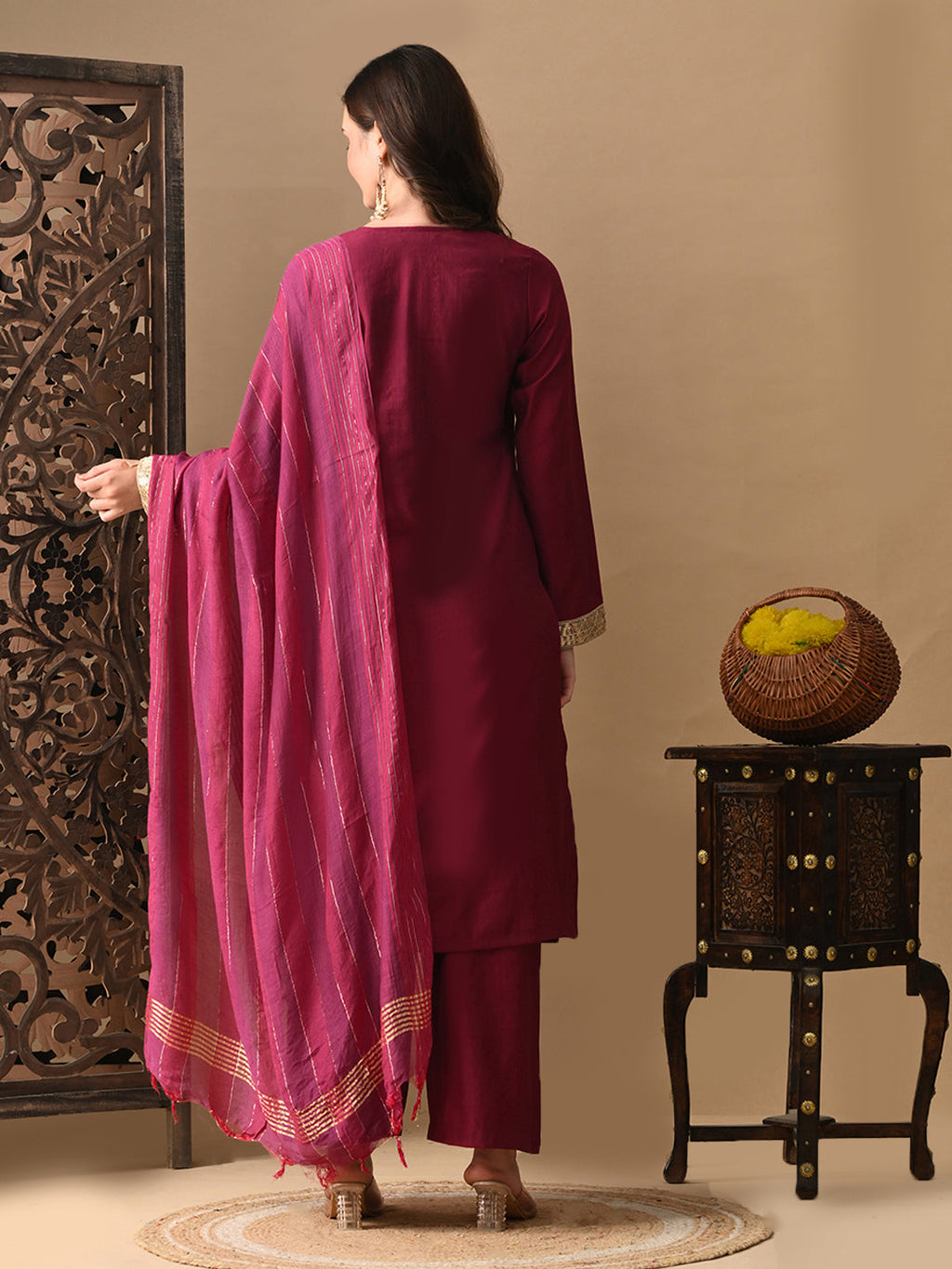 Myshka Wine Silk Blend Straight Round Neck Long Sleeves Kurta Trousers With Dupatta | Grocsy