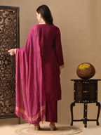 Myshka Wine Silk Blend Straight Round Neck Long Sleeves Kurta Trousers With Dupatta | Grocsy