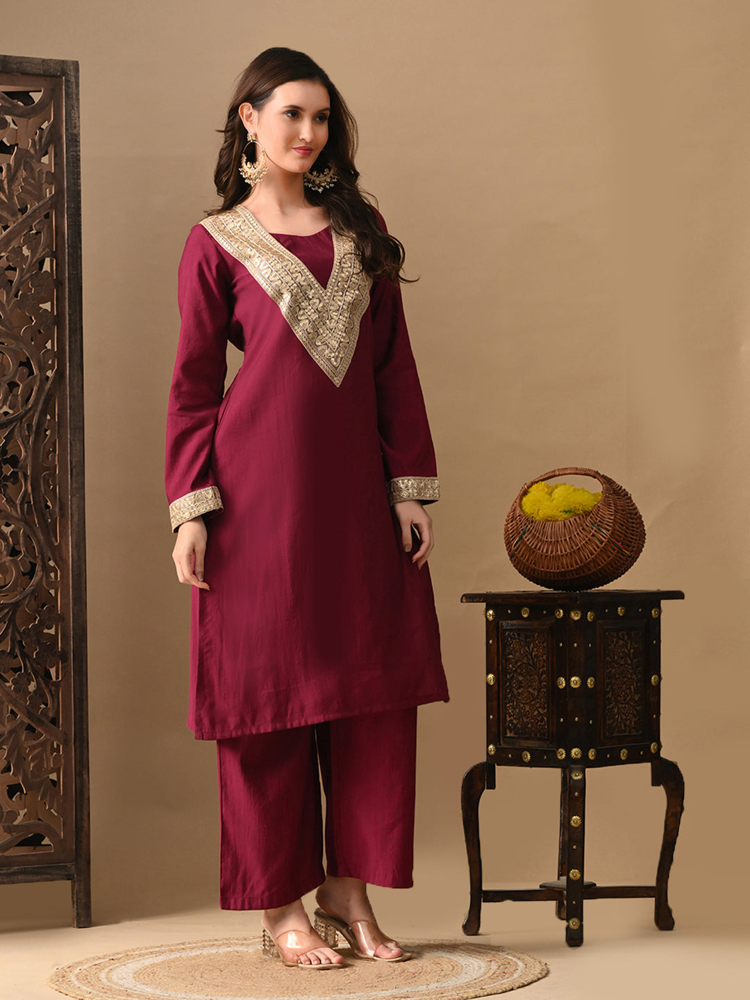 Myshka Wine Silk Blend Straight Round Neck Long Sleeves Kurta Trousers With Dupatta | Grocsy