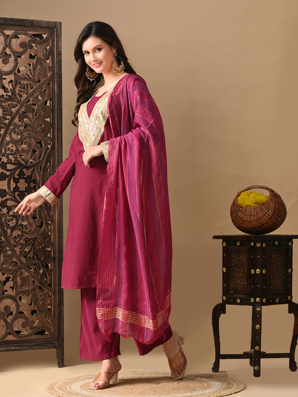 Myshka Wine Silk Blend Straight Round Neck Long Sleeves Kurta Trousers With Dupatta | Grocsy