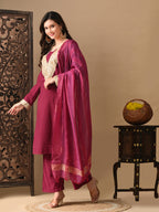 Myshka Wine Silk Blend Straight Round Neck Long Sleeves Kurta Trousers With Dupatta | Grocsy