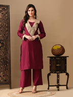 Myshka Wine Silk Blend Straight Round Neck Long Sleeves Kurta Trousers With Dupatta | Grocsy