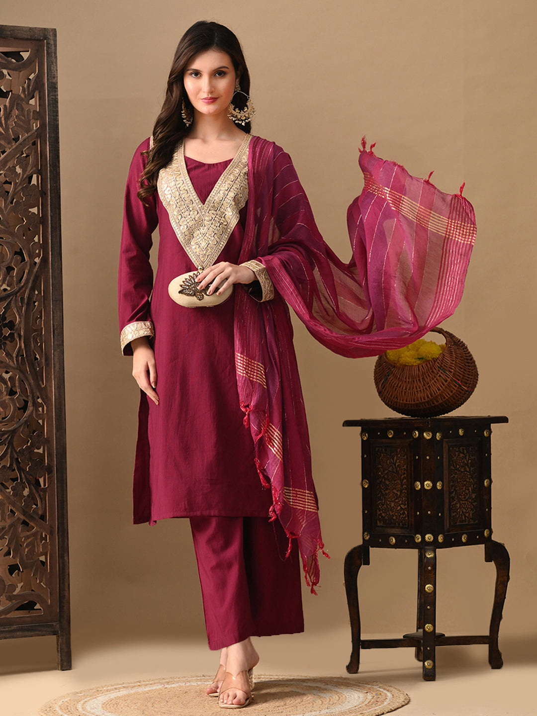 Myshka Wine Silk Blend Straight Round Neck Long Sleeves Kurta Trousers With Dupatta | Grocsy