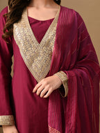 Myshka Wine Silk Blend Straight Round Neck Long Sleeves Kurta Trousers With Dupatta | Grocsy