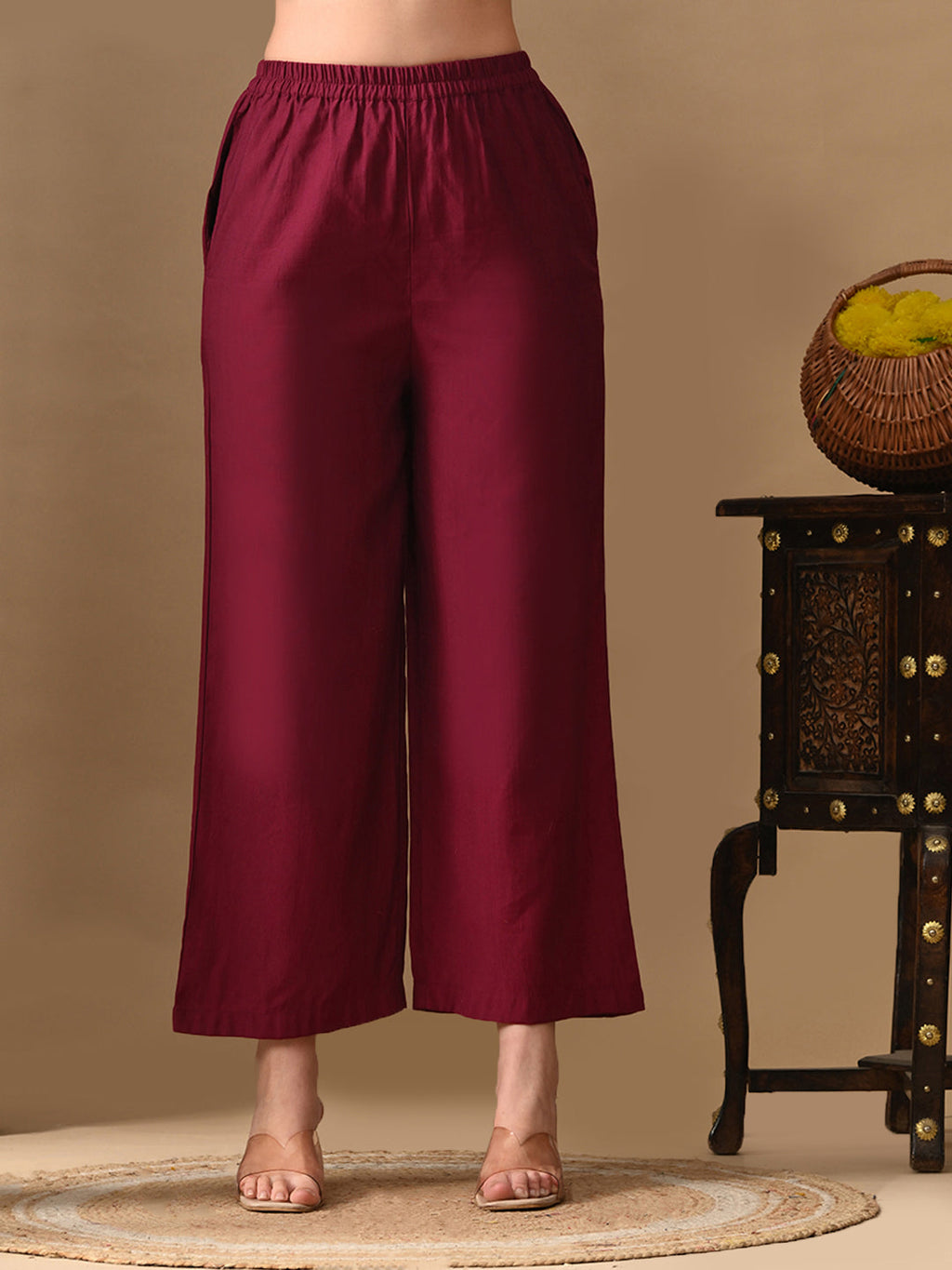 Myshka Wine Silk Blend Straight Round Neck Long Sleeves Kurta Trousers With Dupatta | Grocsy