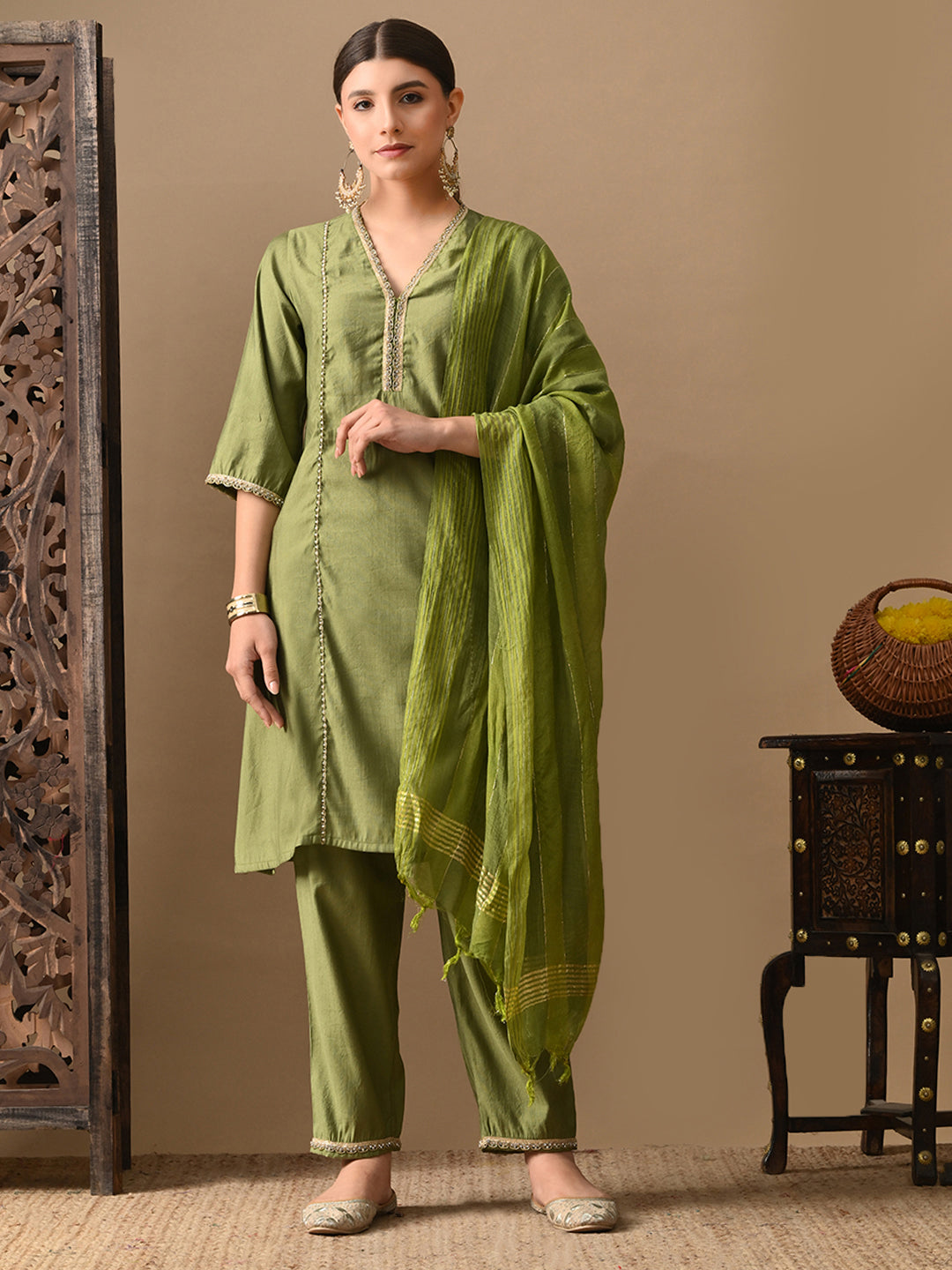 Myshka Green Silk Blend Straight V-Neck Three-Quarter Sleeves Kurta Trousers With Dupatta | Grocsy