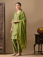 Myshka Green Silk Blend Straight V-Neck Three-Quarter Sleeves Kurta Trousers With Dupatta | Grocsy
