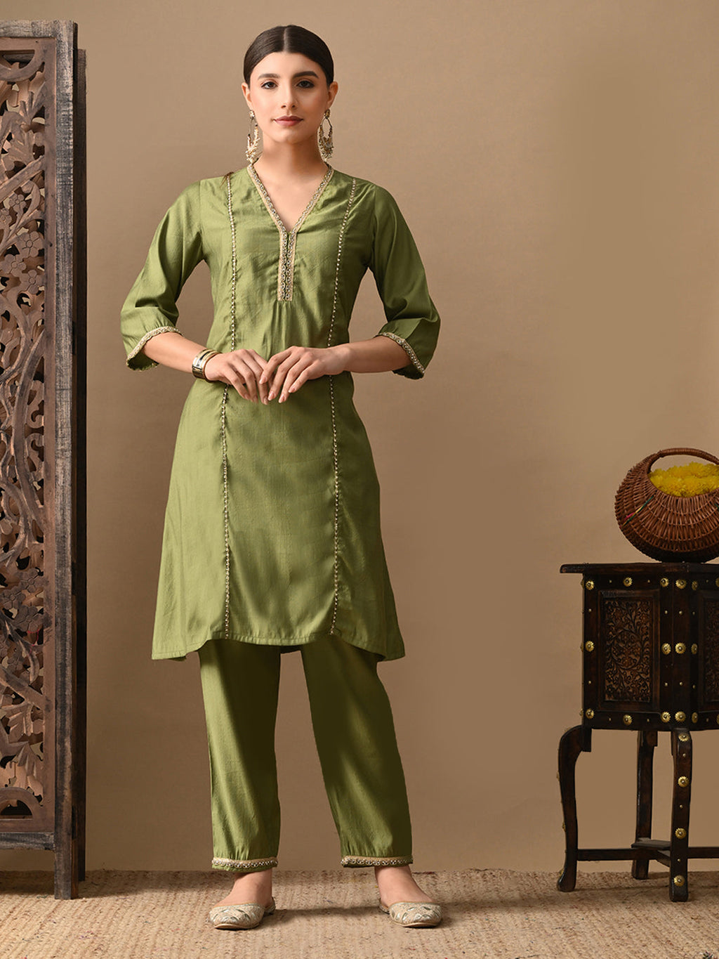Myshka Green Silk Blend Straight V-Neck Three-Quarter Sleeves Kurta Trousers With Dupatta | Grocsy
