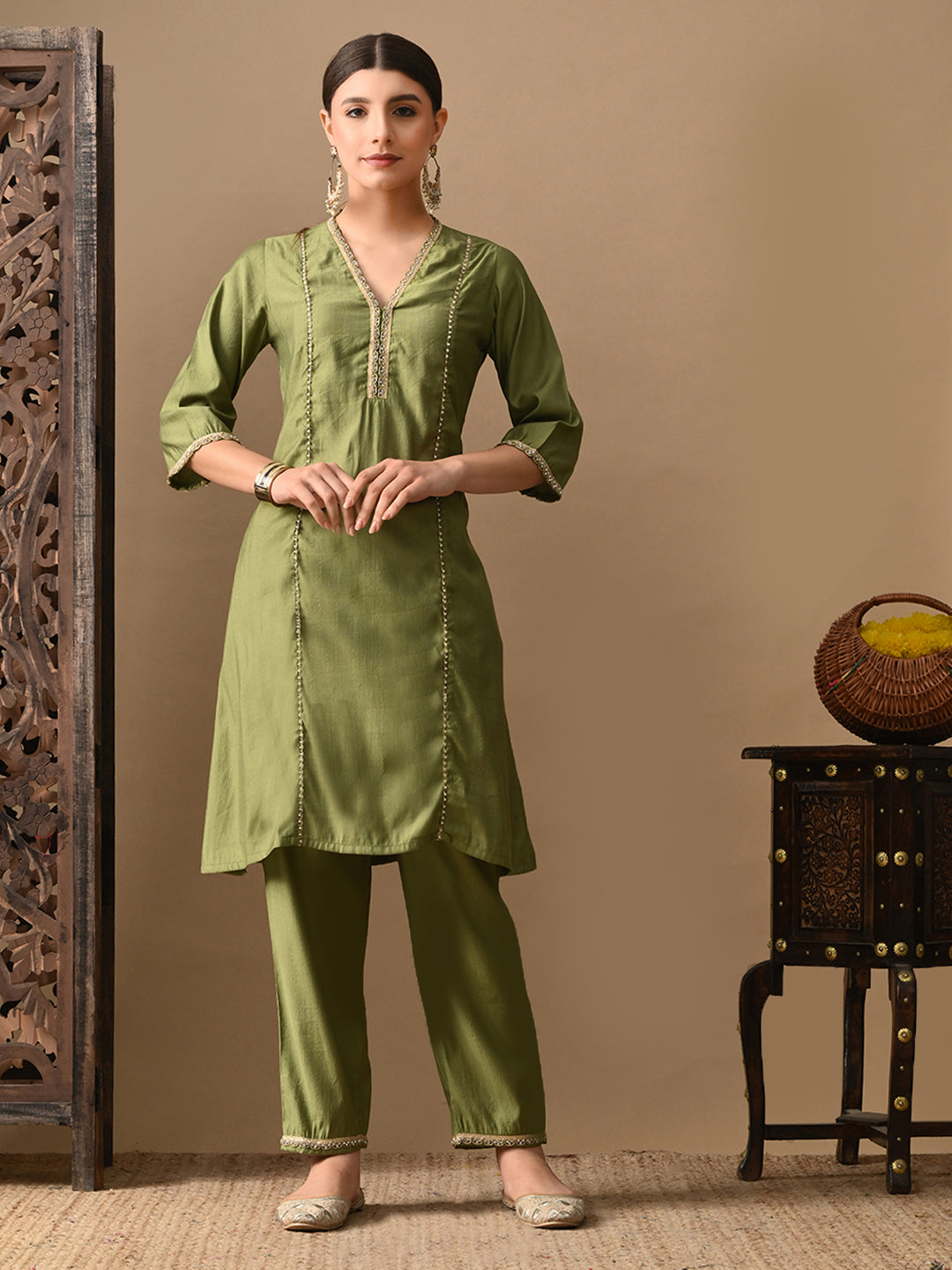 Myshka Green Silk Blend Straight V-Neck Three-Quarter Sleeves Kurta Trousers With Dupatta | Grocsy