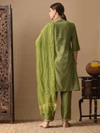 Myshka Green Silk Blend Straight V-Neck Three-Quarter Sleeves Kurta Trousers With Dupatta | Grocsy