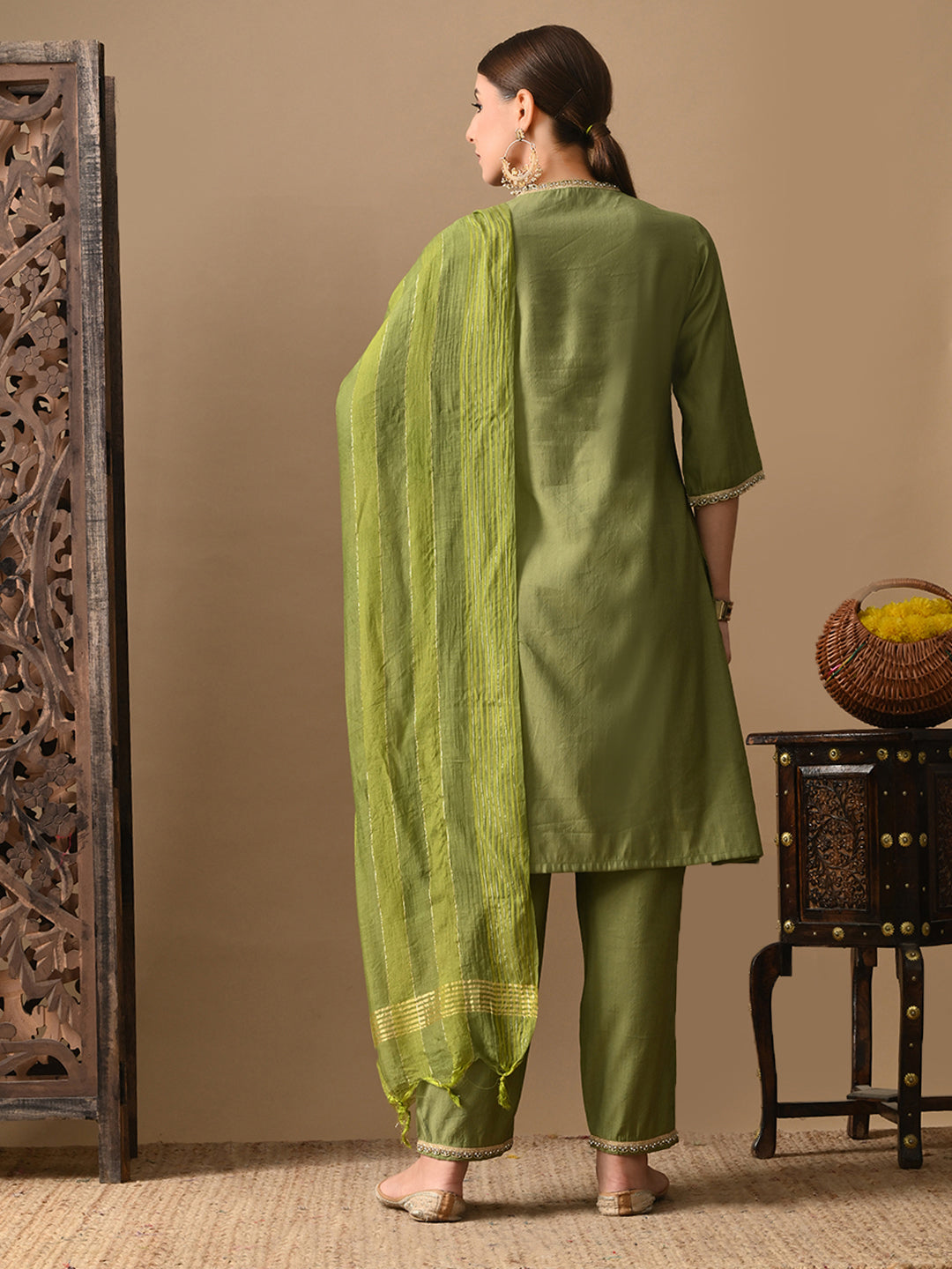 Myshka Green Silk Blend Straight V-Neck Three-Quarter Sleeves Kurta Trousers With Dupatta | Grocsy