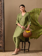 Myshka Green Silk Blend Straight V-Neck Three-Quarter Sleeves Kurta Trousers With Dupatta | Grocsy