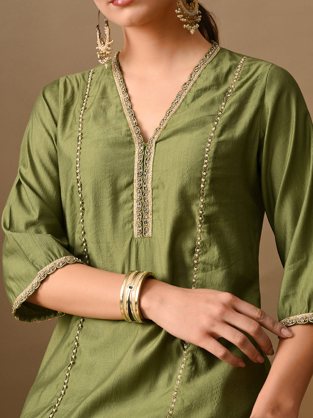 Myshka Green Silk Blend Straight V-Neck Three-Quarter Sleeves Kurta Trousers With Dupatta | Grocsy