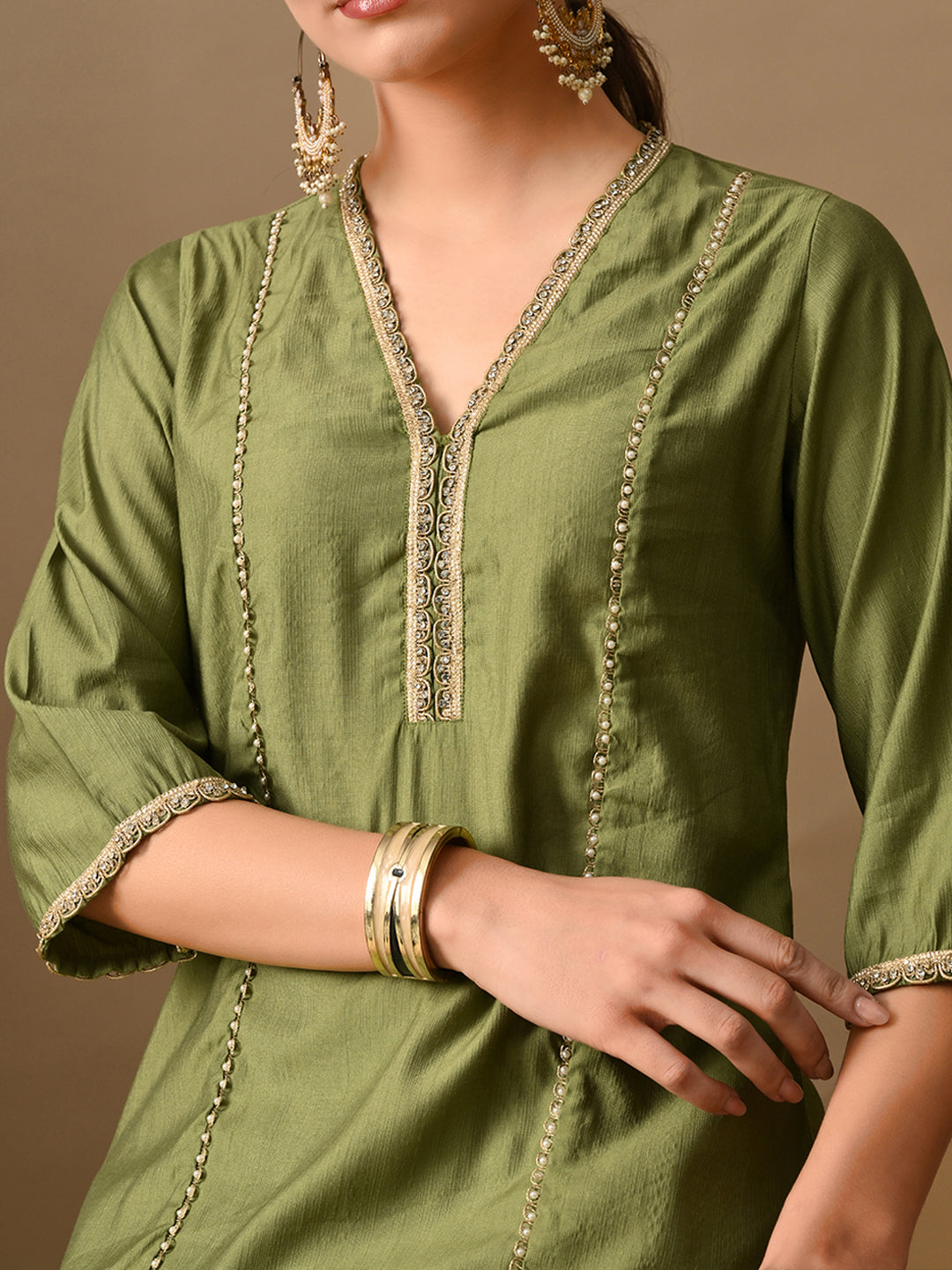 Myshka Green Silk Blend Straight V-Neck Three-Quarter Sleeves Kurta Trousers With Dupatta | Grocsy