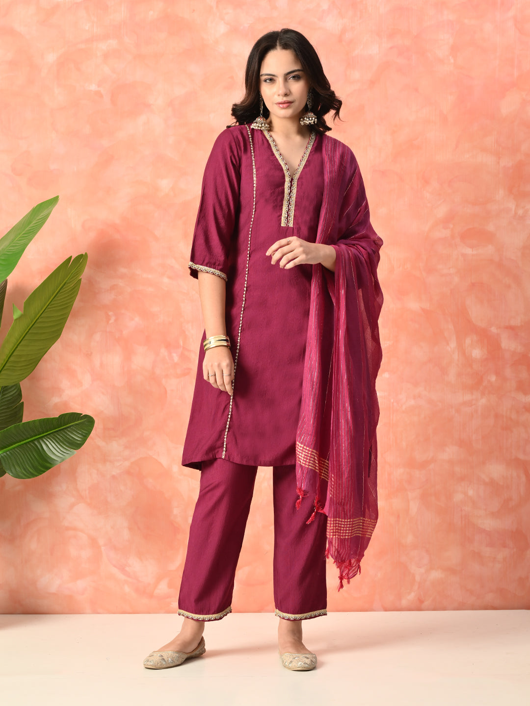 Myshka Wine Silk Blend Straight V-Neck Three-Quarter Sleeves Kurta Trousers With Dupatta | Grocsy