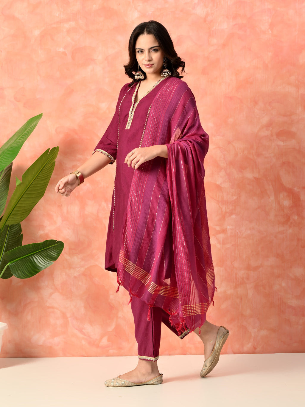 Myshka Wine Silk Blend Straight V-Neck Three-Quarter Sleeves Kurta Trousers With Dupatta | Grocsy