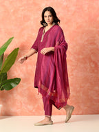 Myshka Wine Silk Blend Straight V-Neck Three-Quarter Sleeves Kurta Trousers With Dupatta | Grocsy