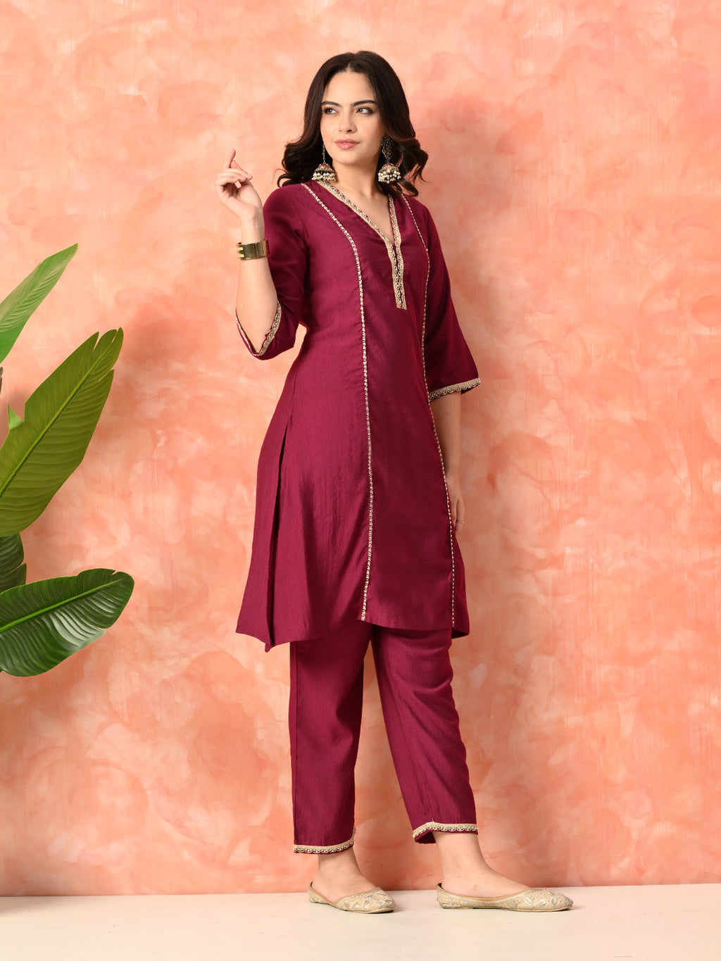 Myshka Wine Silk Blend Straight V-Neck Three-Quarter Sleeves Kurta Trousers With Dupatta | Grocsy