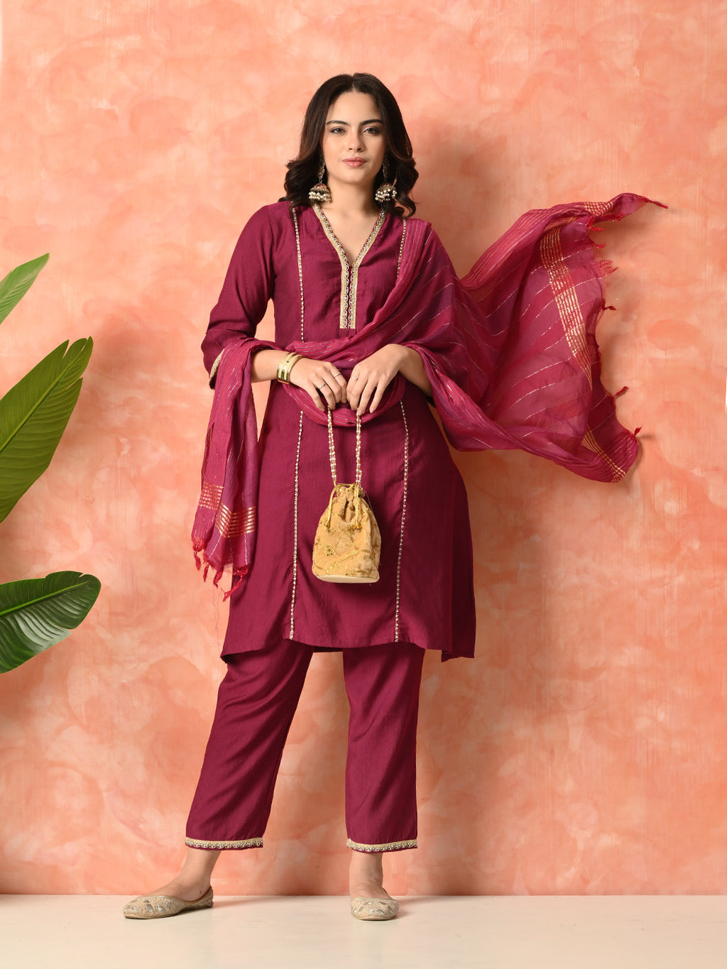 Myshka Wine Silk Blend Straight V-Neck Three-Quarter Sleeves Kurta Trousers With Dupatta | Grocsy