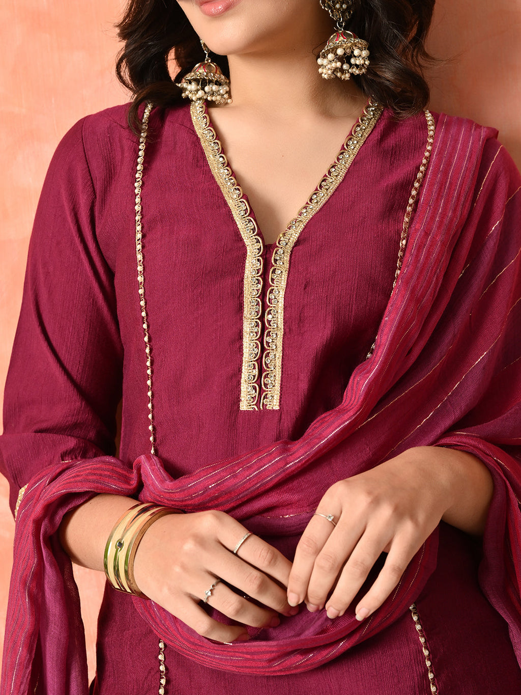 Myshka Wine Silk Blend Straight V-Neck Three-Quarter Sleeves Kurta Trousers With Dupatta | Grocsy