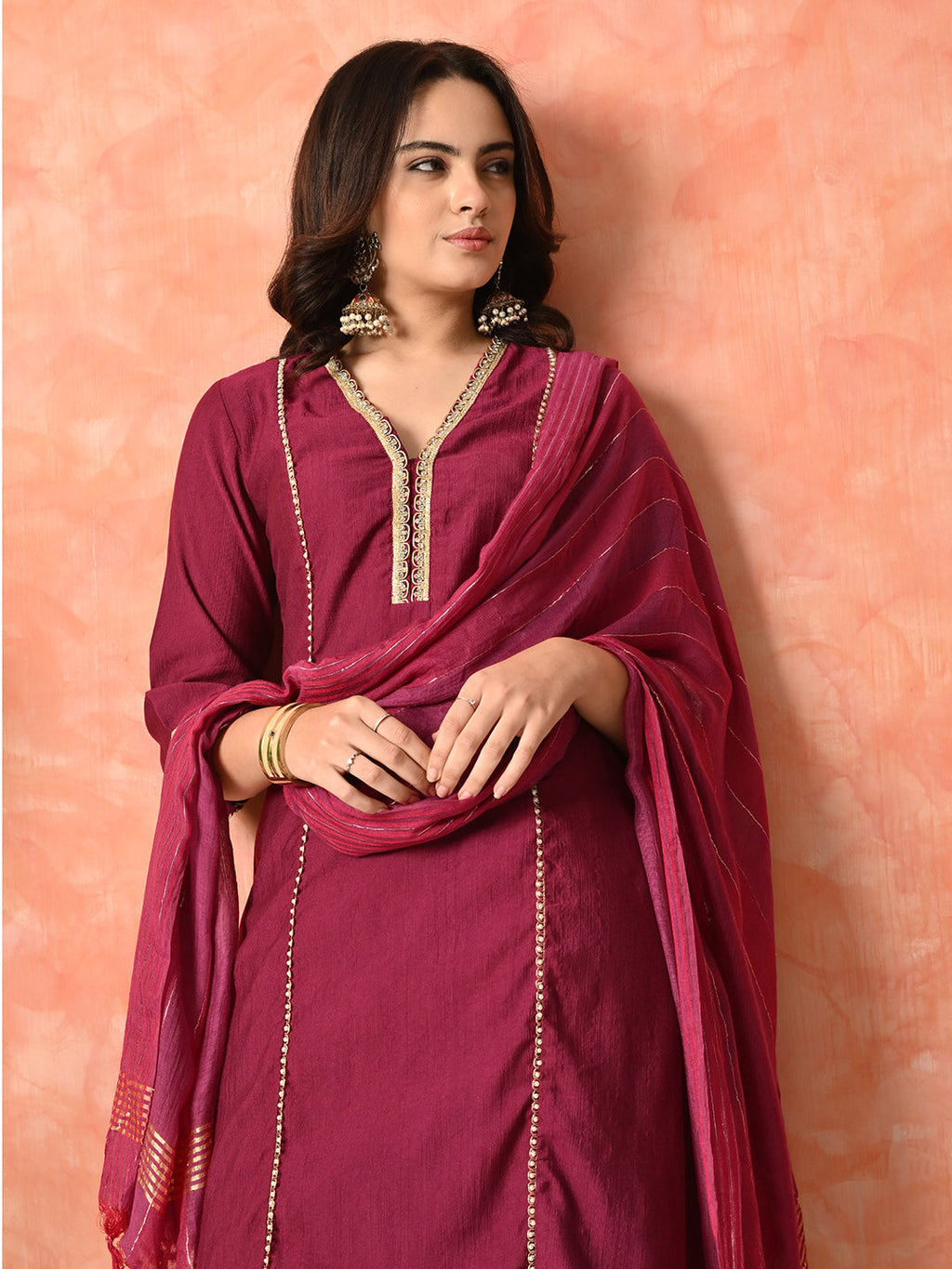 Myshka Wine Silk Blend Straight V-Neck Three-Quarter Sleeves Kurta Trousers With Dupatta | Grocsy