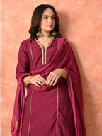 Myshka Wine Silk Blend Straight V-Neck Three-Quarter Sleeves Kurta Trousers With Dupatta | Grocsy